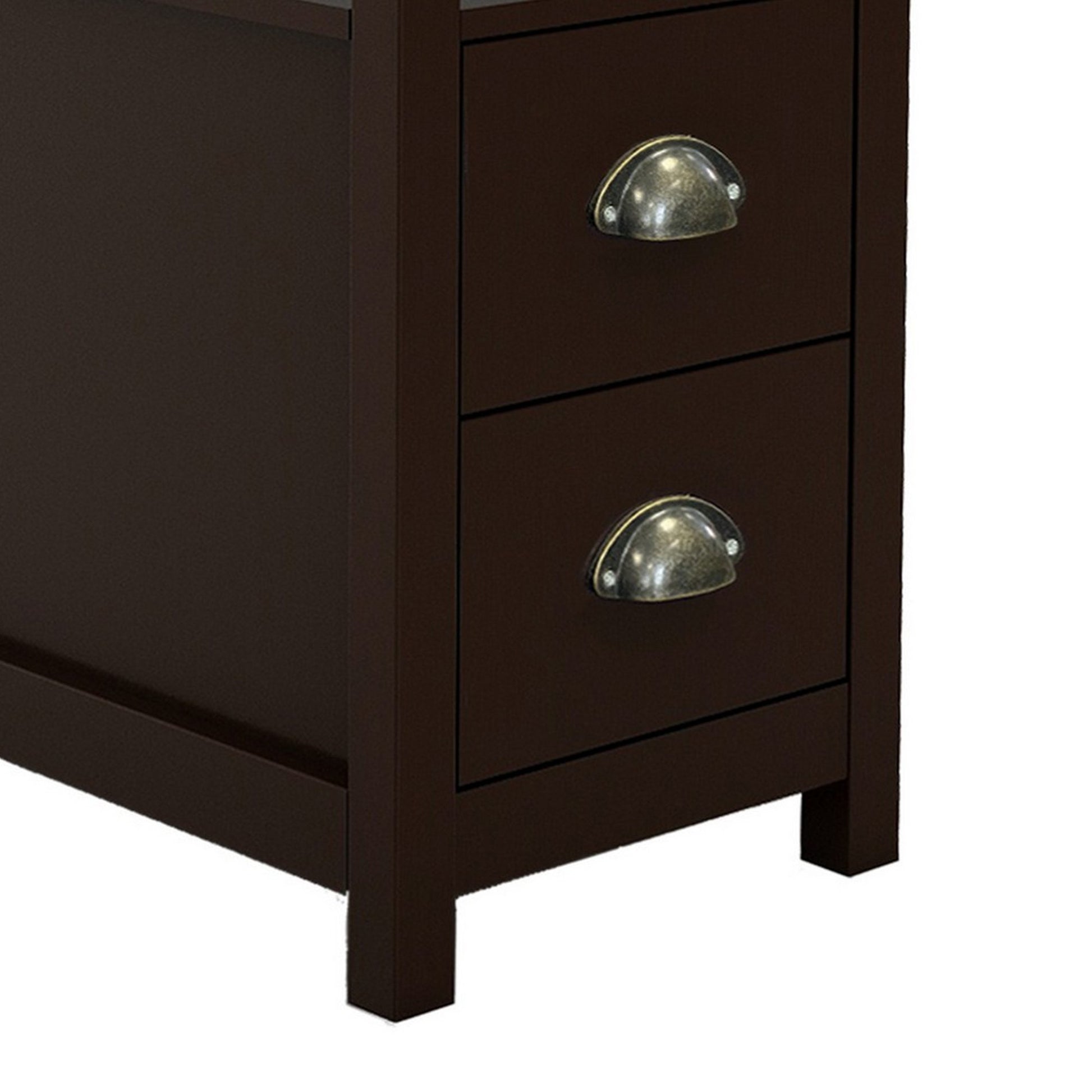 24 Inch Wood Nightstand With 2 Drawers, 1 Shelf, Metal Cup Handles, Brown Brown Mdf Metal