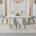 Table And Chair Set.The Table Has A Glass Top With Imitation Marble Pattern Stickers And Stainless Steel Golden Legs. Paried With Chairs With Pu Artificial Leather Backrest Cushions And Black Legs. White Gold Seats 6 Glass Metal