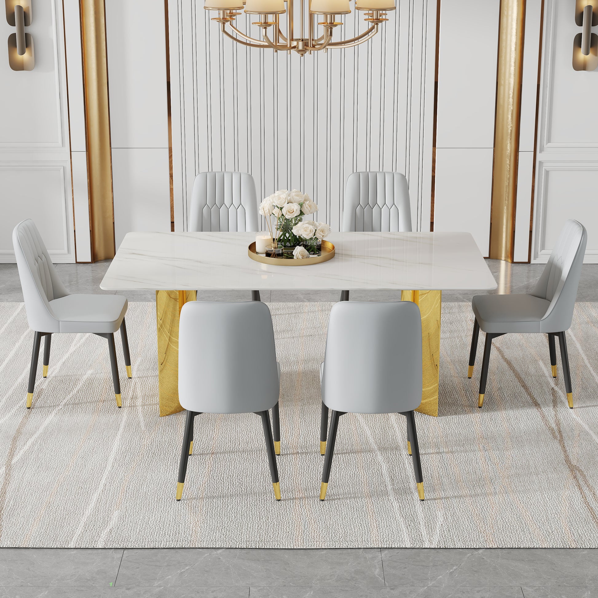 Table And Chair Set.The Table Has A Glass Top With Imitation Marble Pattern Stickers And Stainless Steel Golden Legs. Paried With Chairs With Pu Artificial Leather Backrest Cushions And Black Legs. White Gold Seats 6 Glass Metal
