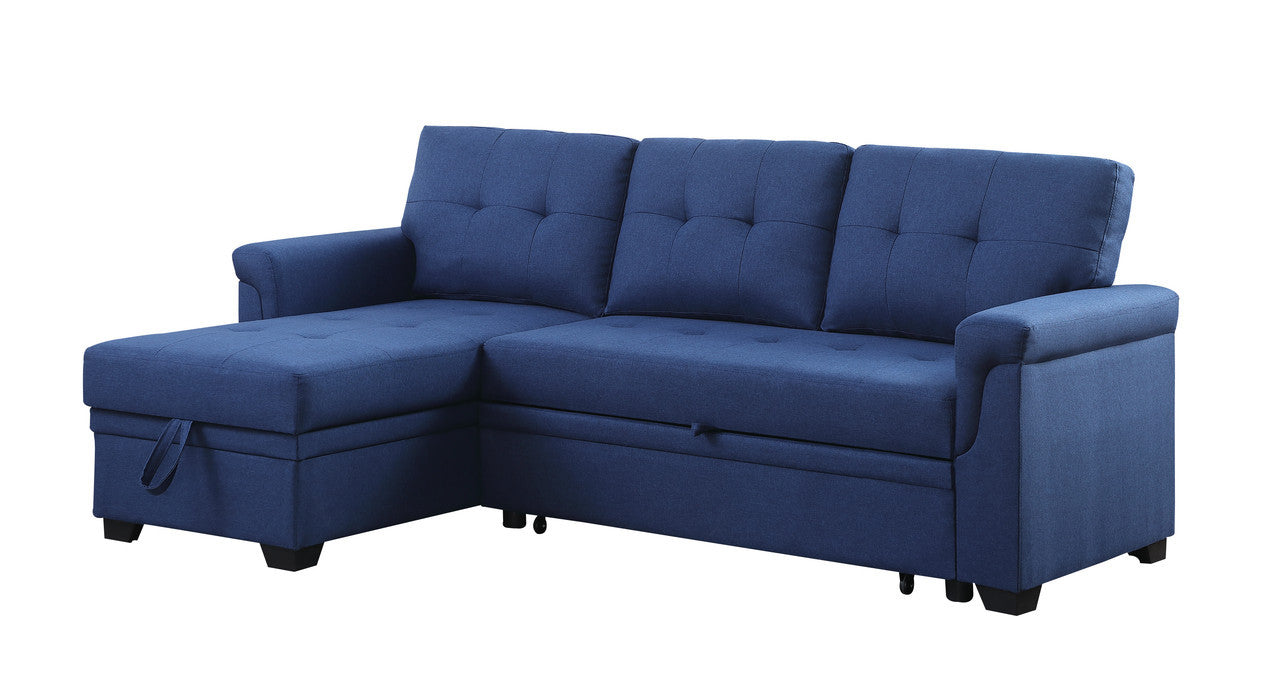 Lucca 84" Blue Linen Reversible Sleeper Sectional Sofa With Storage Chaise Blue Linen