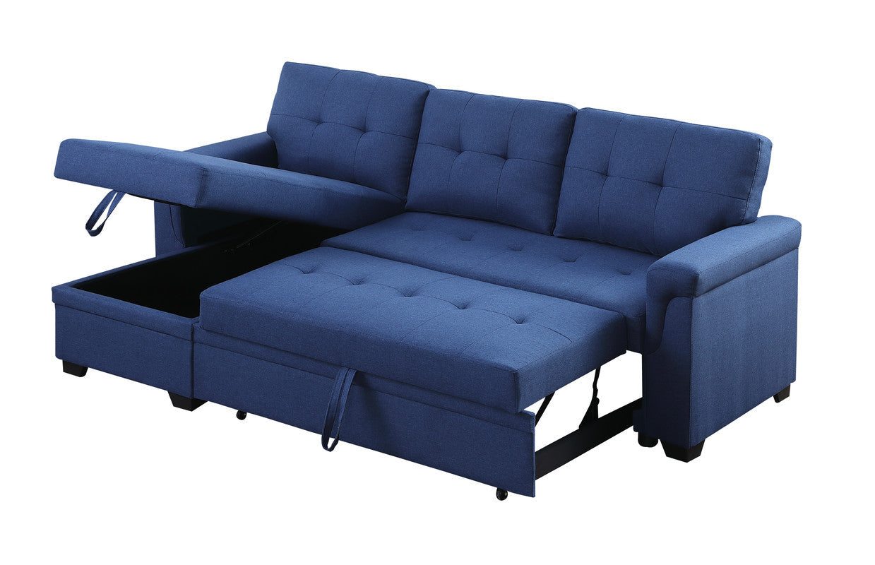 Lucca 84" Blue Linen Reversible Sleeper Sectional Sofa With Storage Chaise Blue Linen