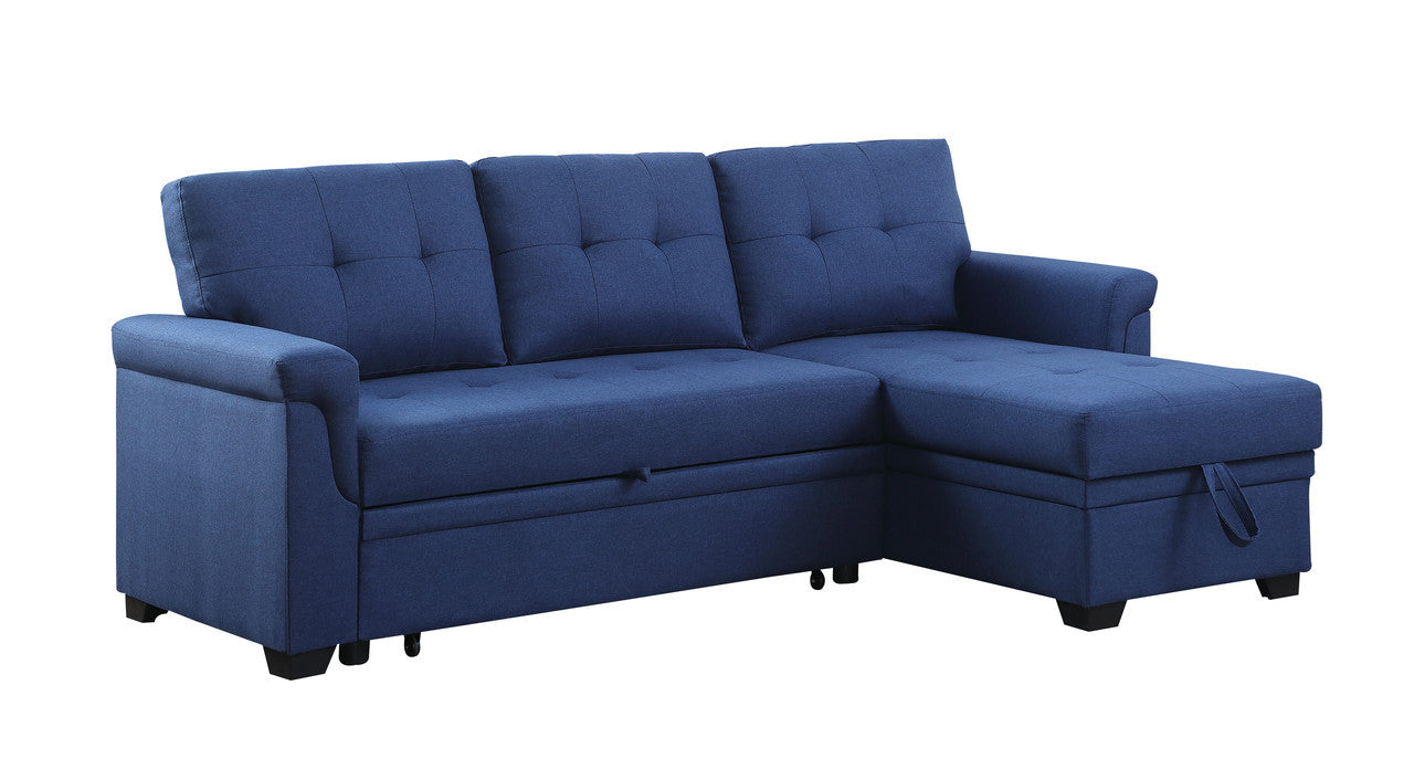 Lucca 84" Blue Linen Reversible Sleeper Sectional Sofa With Storage Chaise Blue Linen