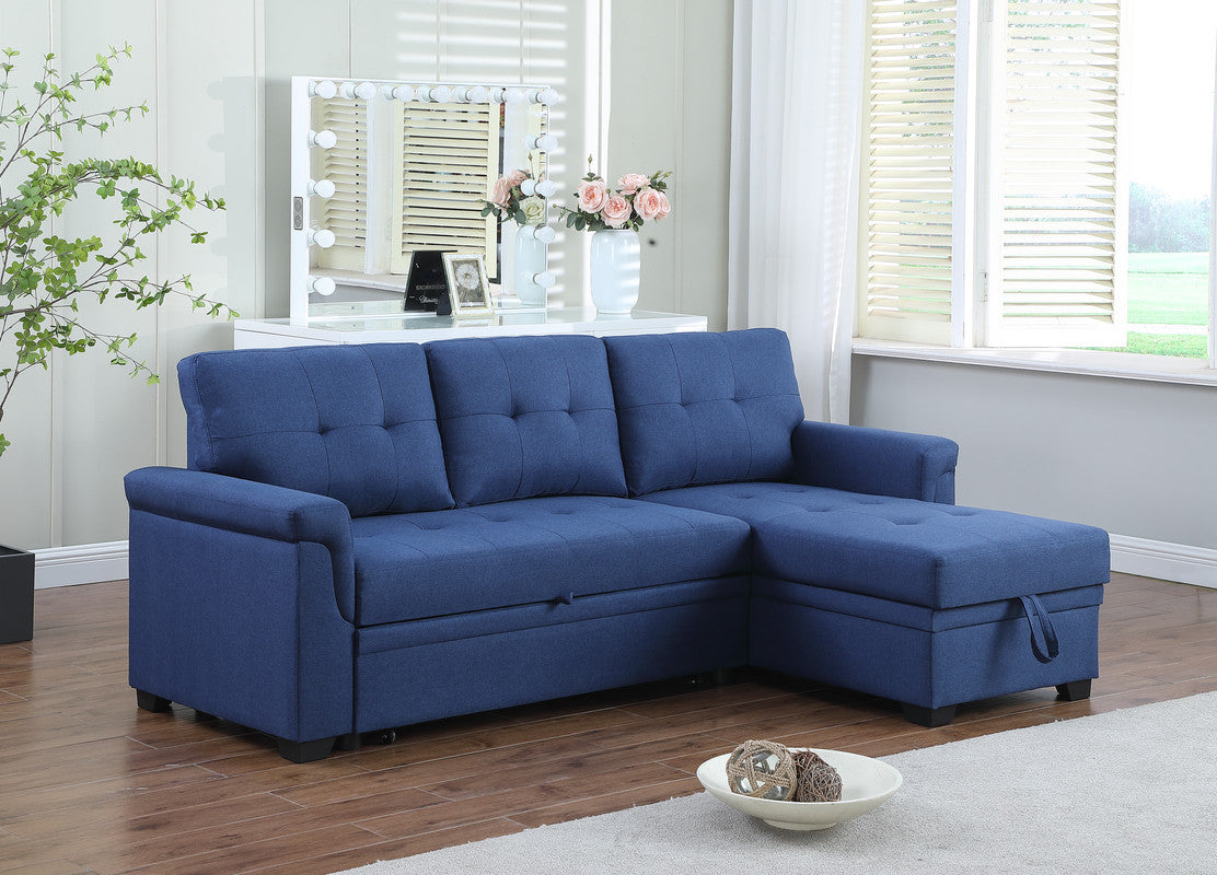 Lucca 84" Blue Linen Reversible Sleeper Sectional Sofa With Storage Chaise Blue Linen