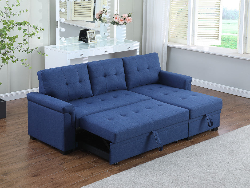 Lucca 84" Blue Linen Reversible Sleeper Sectional Sofa With Storage Chaise Blue Linen