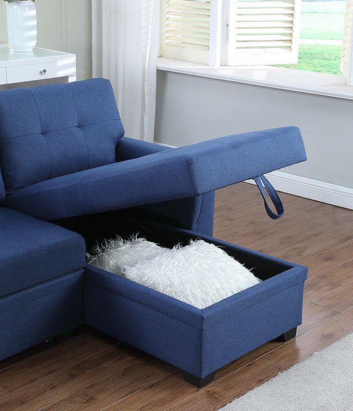 Lucca 84" Blue Linen Reversible Sleeper Sectional Sofa With Storage Chaise Blue Linen