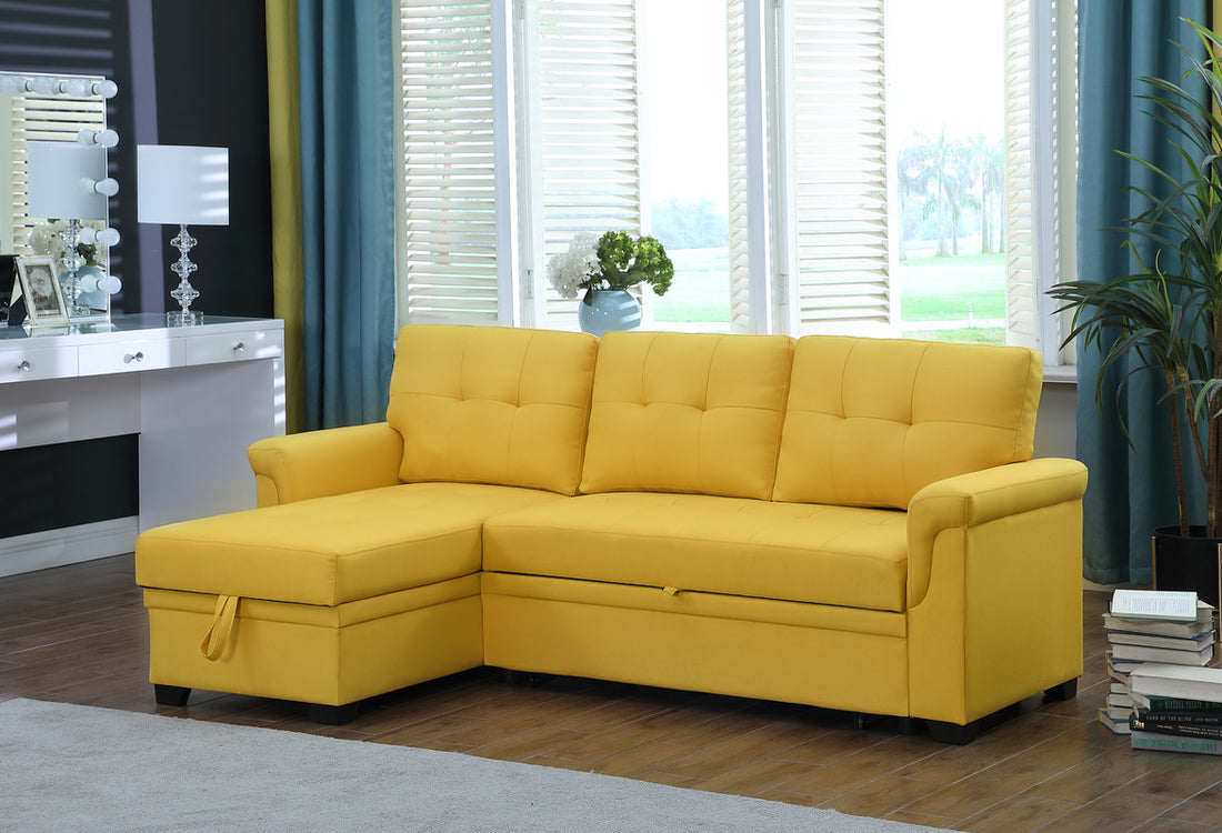 Lucca 84" Yellow Linen Reversible Sleeper Sectional Sofa With Storage Chaise Yellow Linen