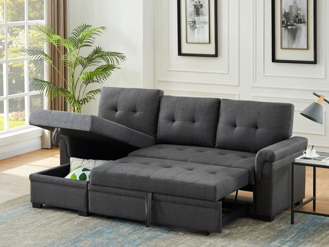 Hunter 84" Dark Gray Linen Reversible Sleeper Sectional Sofa With Storage Chaise Dark Gray Linen