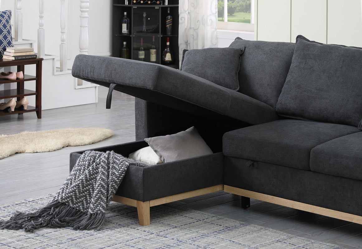 Colton 84.25" Dark Gray Woven Reversible Sleeper Sectional Sofa With Storage Chaise Dark Gray Fabric