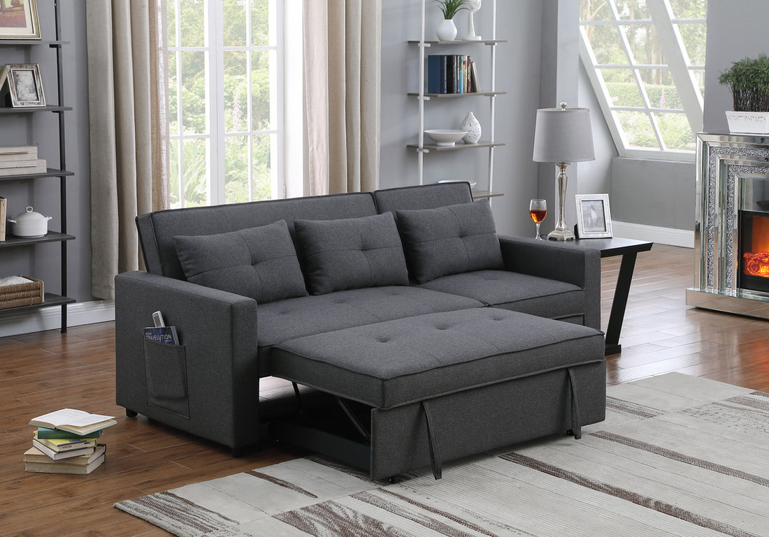 Zoey 79.75" Dark Gray Linen Convertible Sleeper Sofa With Side Pocket Dark Gray Linen