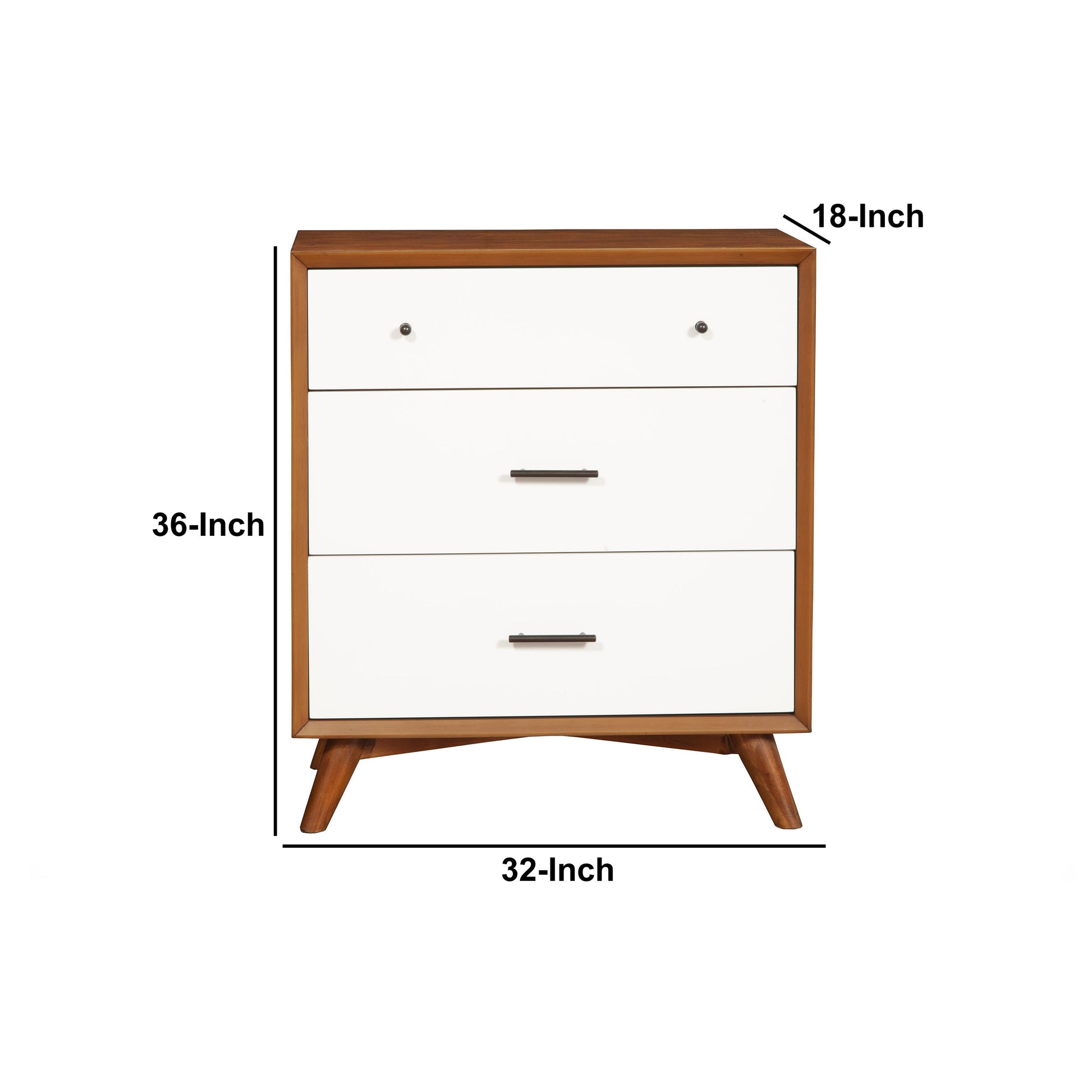 Modern Style Wooden Chest With Three Drawers And Flared Legs, Brown And White Brown White Solid Wood