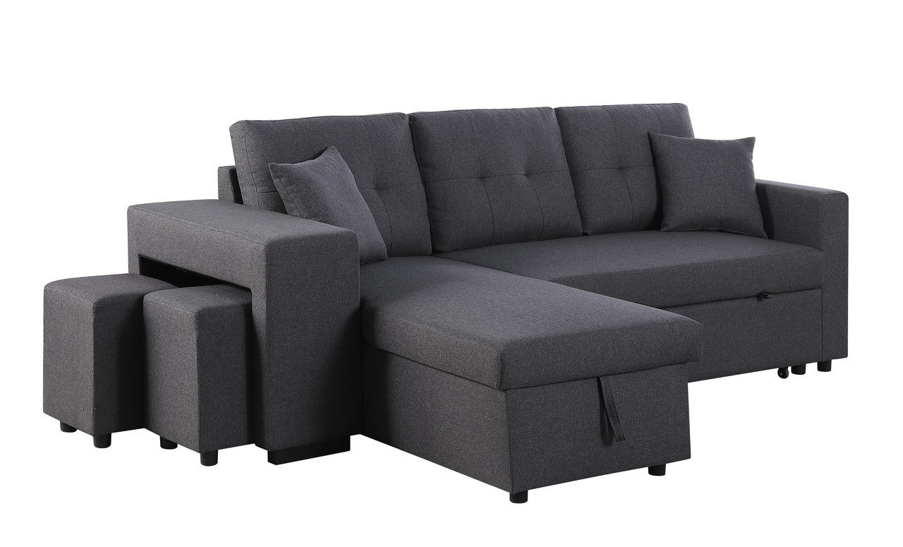 Dennis 93" Dark Gray Linen Fabric Reversible Sleeper Sectional With Storage Chaise And 2 Stools Dark Gray Linen