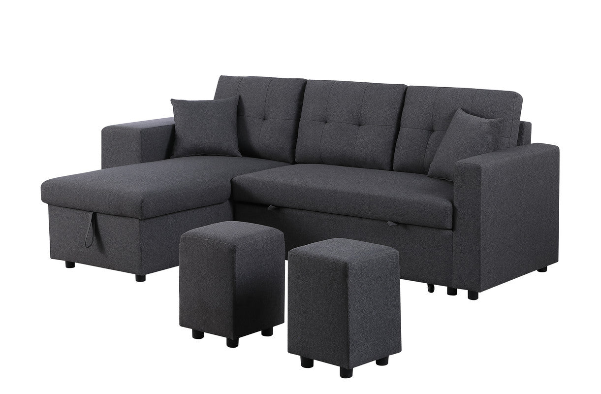 Dennis 93" Dark Gray Linen Fabric Reversible Sleeper Sectional With Storage Chaise And 2 Stools Dark Gray Linen