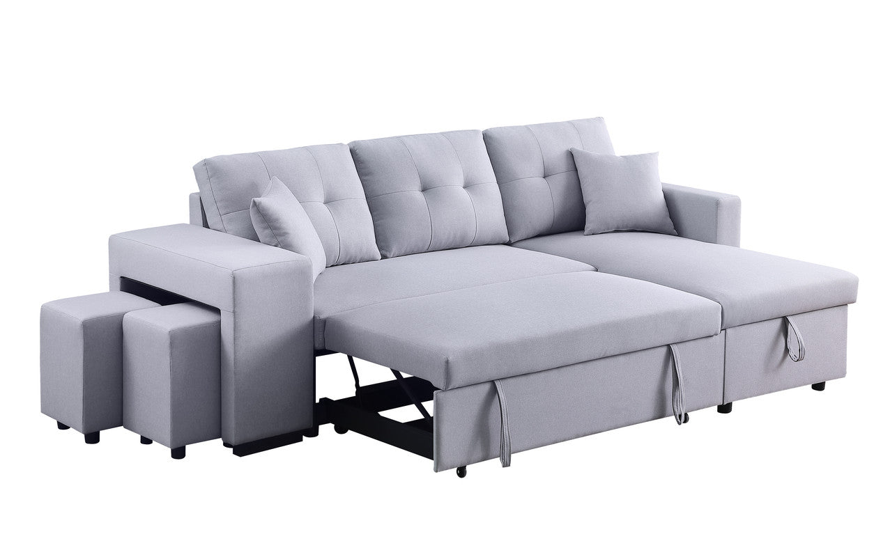 Dennis 93" Light Gray Linen Fabric Reversible Sleeper Sectional With Storage Chaise And 2 Stools Light Gray Linen