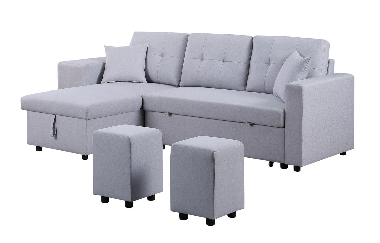 Dennis 93" Light Gray Linen Fabric Reversible Sleeper Sectional With Storage Chaise And 2 Stools Light Gray Linen