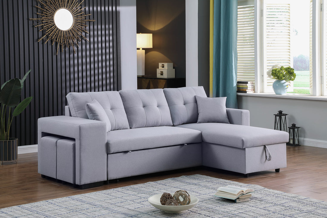 Dennis 93" Light Gray Linen Fabric Reversible Sleeper Sectional With Storage Chaise And 2 Stools Light Gray Linen