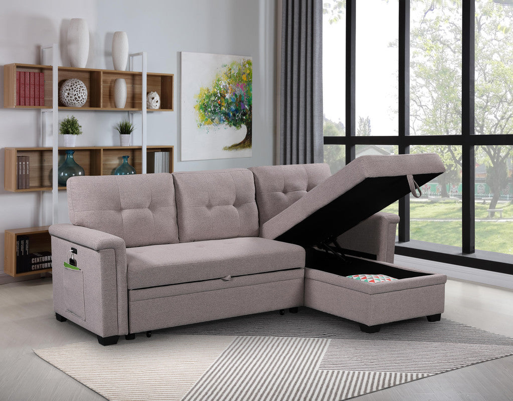 Ashlyn 84" Light Gray Reversible Sleeper Sectional Sofa With Storage Chaise, Usb Charging Ports And Pocket Light Gray Linen