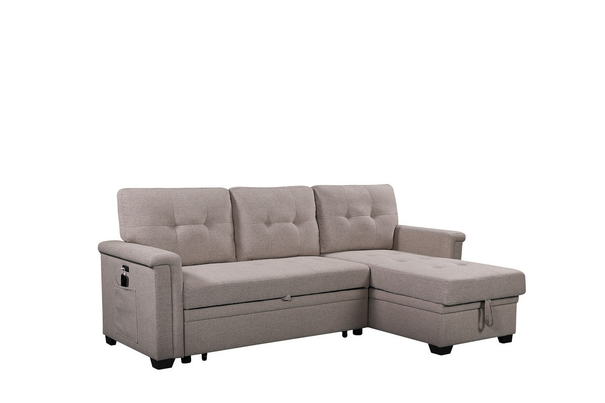 Ashlyn 84" Light Gray Reversible Sleeper Sectional Sofa With Storage Chaise, Usb Charging Ports And Pocket Light Gray Linen