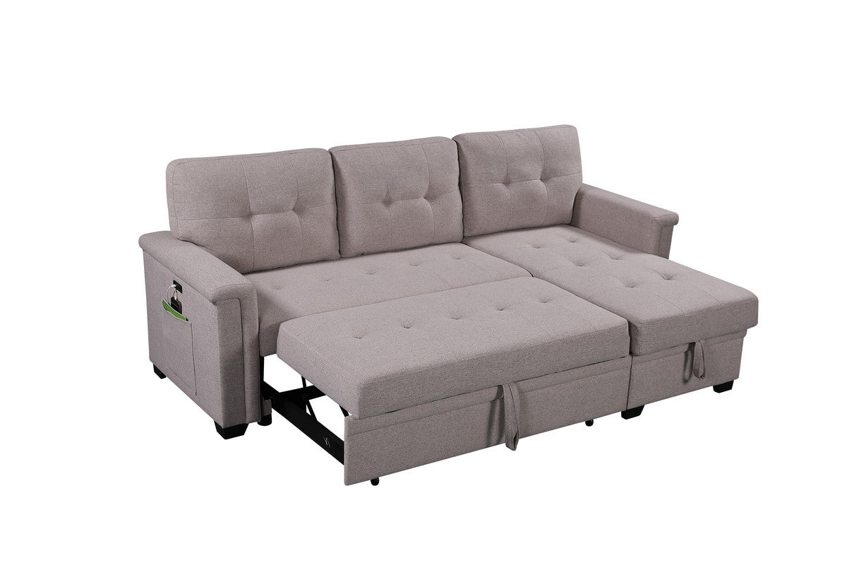 Ashlyn 84" Light Gray Reversible Sleeper Sectional Sofa With Storage Chaise, Usb Charging Ports And Pocket Light Gray Linen