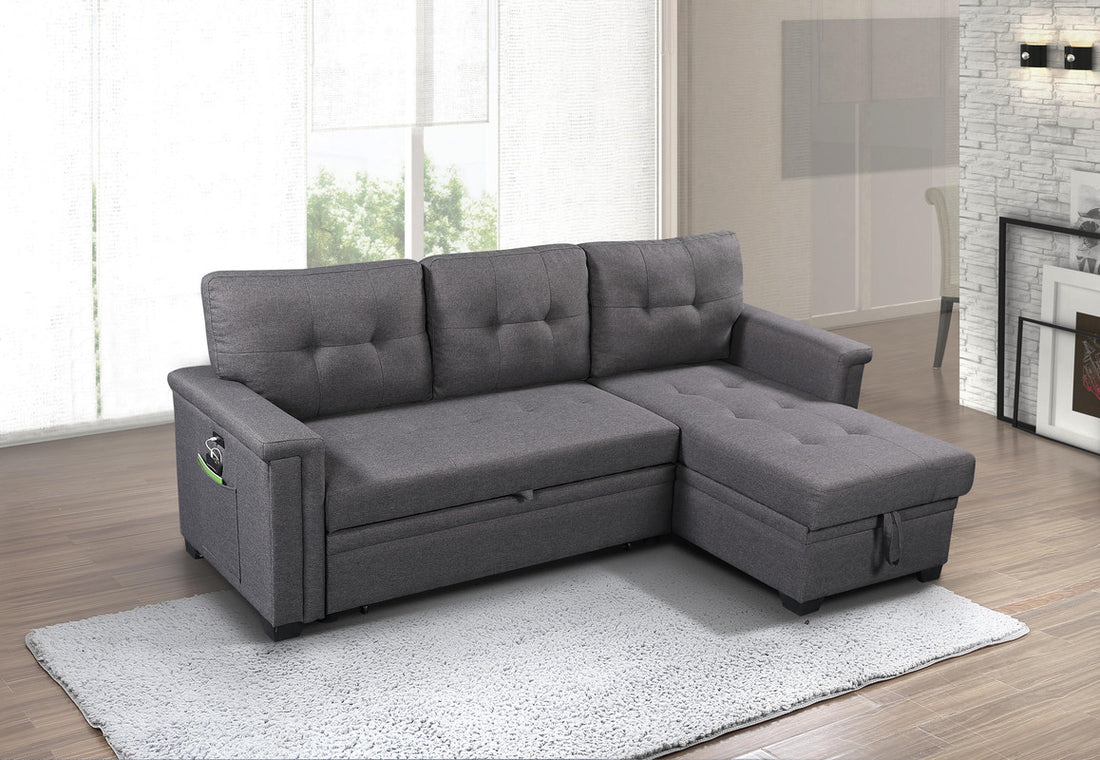 Ashlyn 84" Dark Gray Reversible Sleeper Sectional Sofa With Storage Chaise, Usb Charging Ports And Pocket Dark Gray Linen