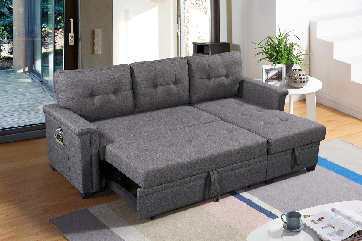 Ashlyn 84" Dark Gray Reversible Sleeper Sectional Sofa With Storage Chaise, Usb Charging Ports And Pocket Dark Gray Linen