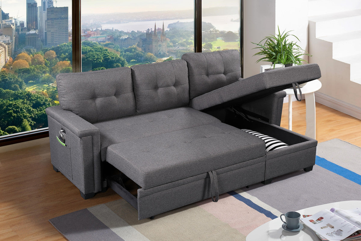 Ashlyn 84" Dark Gray Reversible Sleeper Sectional Sofa With Storage Chaise, Usb Charging Ports And Pocket Dark Gray Linen