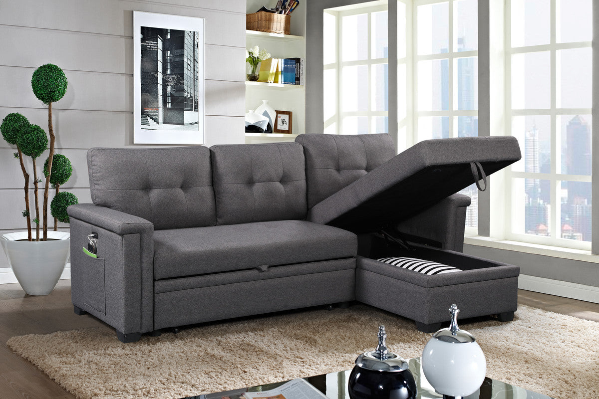 Ashlyn 84" Dark Gray Reversible Sleeper Sectional Sofa With Storage Chaise, Usb Charging Ports And Pocket Dark Gray Linen