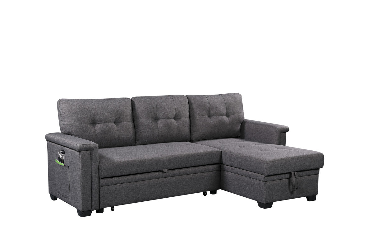 Ashlyn 84" Dark Gray Reversible Sleeper Sectional Sofa With Storage Chaise, Usb Charging Ports And Pocket Dark Gray Linen