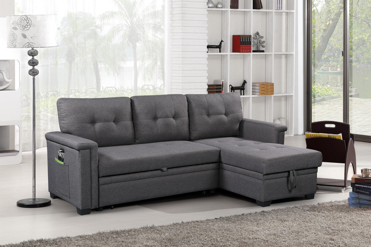 Ashlyn 84" Dark Gray Reversible Sleeper Sectional Sofa With Storage Chaise, Usb Charging Ports And Pocket Dark Gray Linen