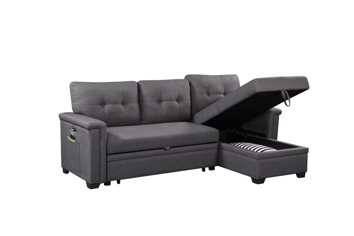 Nathan 84" Dark Gray Reversible Sleeper Sectional Sofa With Storage Chaise, Usb Charging Ports And Pocket Dark Gray Linen