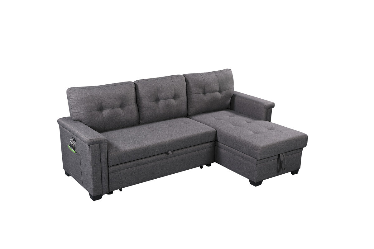 Nathan 84" Dark Gray Reversible Sleeper Sectional Sofa With Storage Chaise, Usb Charging Ports And Pocket Dark Gray Linen