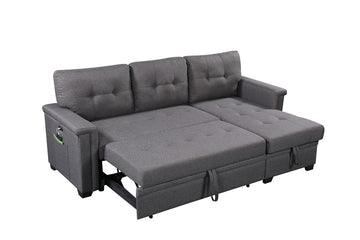 Nathan 84" Dark Gray Reversible Sleeper Sectional Sofa With Storage Chaise, Usb Charging Ports And Pocket Dark Gray Linen