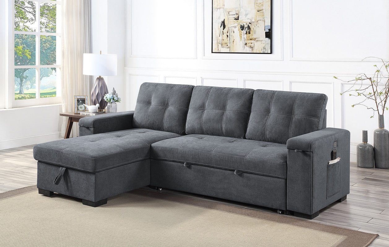 Toby 95" Gray Woven Fabric Reversible Sleeper Sectional Sofa With Storage Chaise Cup Holder Charging Ports And Pockets Gray Fabric