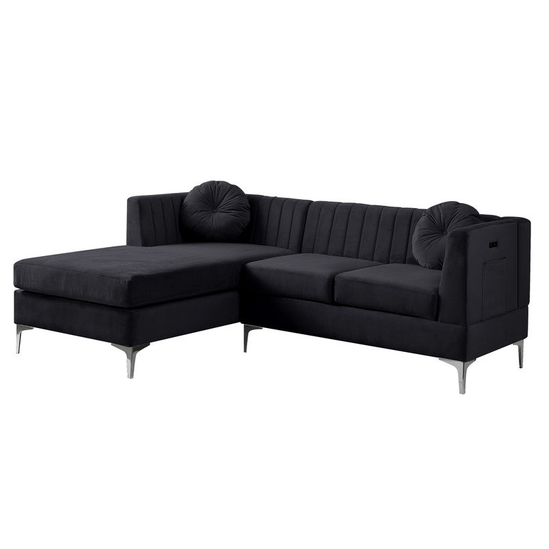 Chloe 85.5" Black Velvet Sectional Sofa Chaise With Usb Charging Port Black Velvet