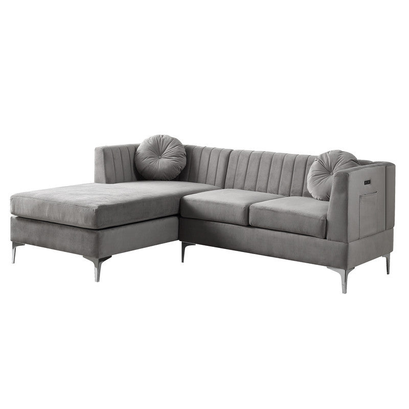 Chloe 85.5" Gray Velvet Sectional Sofa Chaise With Usb Charging Port Gray Velvet