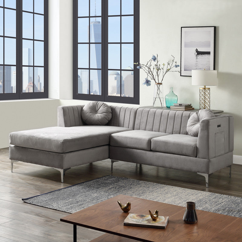 Chloe 85.5" Gray Velvet Sectional Sofa Chaise With Usb Charging Port Gray Velvet