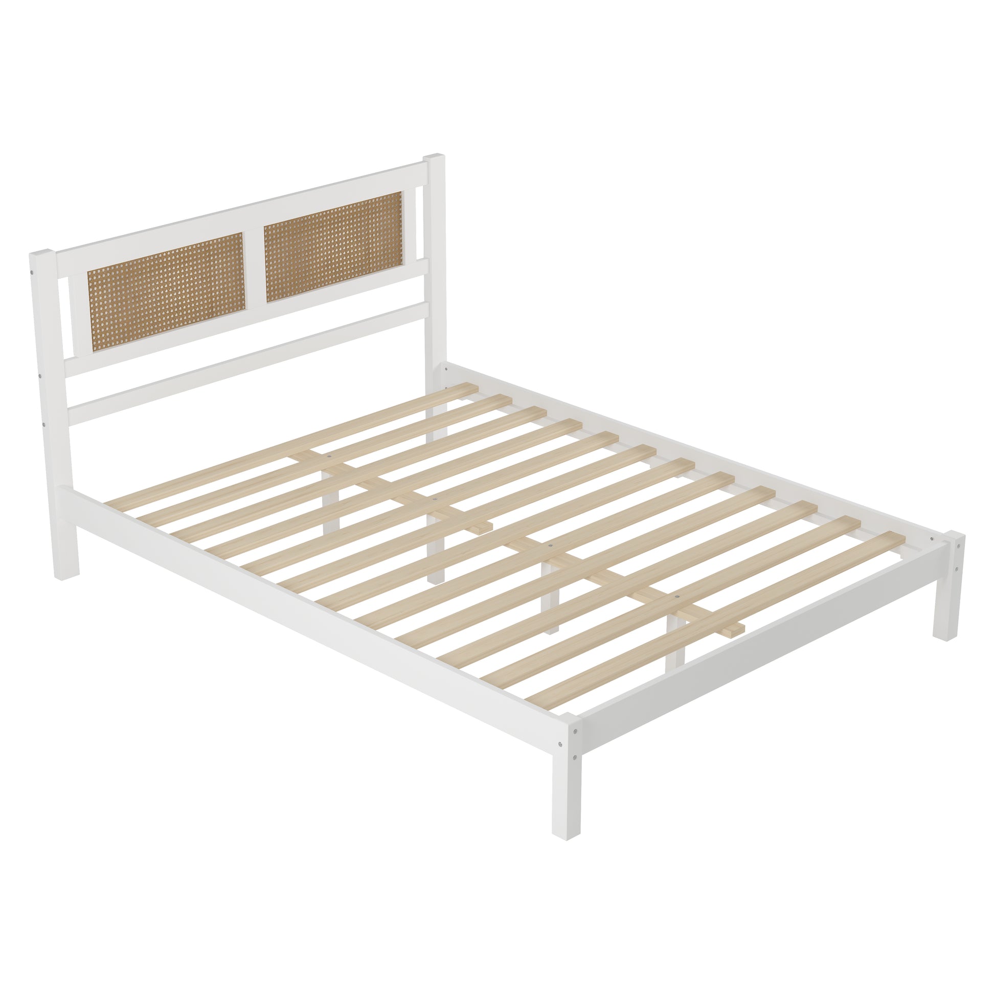 3 Pieces Bedroom Sets Queen Size Wooden Platform Bed With Natural Rattan Headboard, Nightstands Set Of 2 With Rattan Woven Surfaces And Three Drawers For Bedroom, White White Particle Board