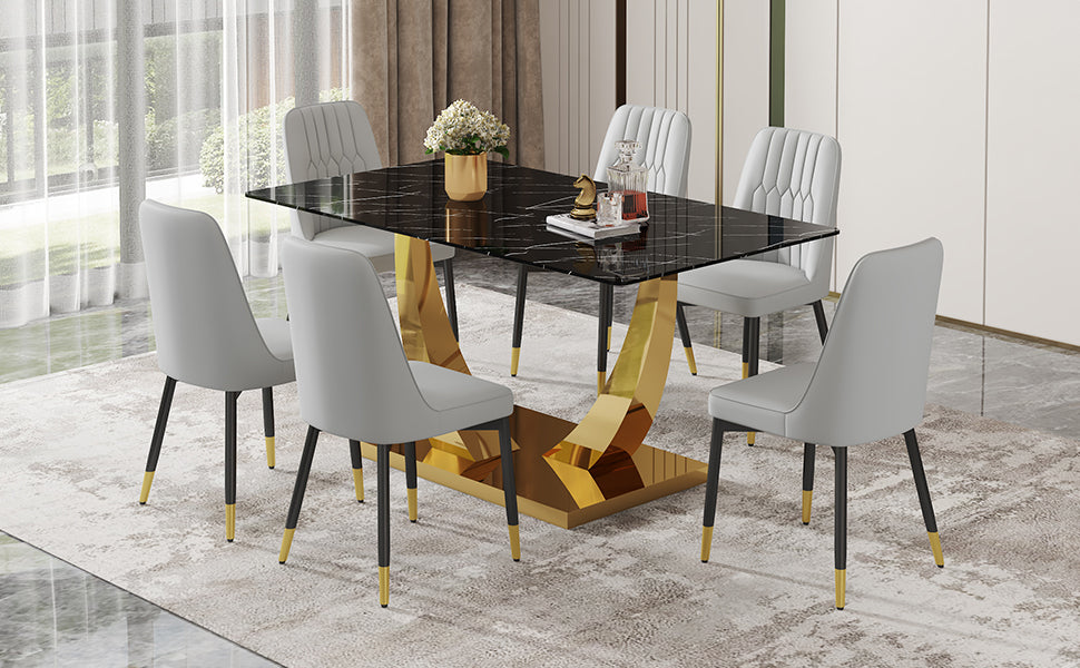 Table And Chair Set.Modern Rectangular Dining Table With Black Textured Stickers Glass Tabletop And Gold Plated Metal Legs.Paried With 6 Comfortable Chairs With Pu Seats And Black Metal Legs. Black