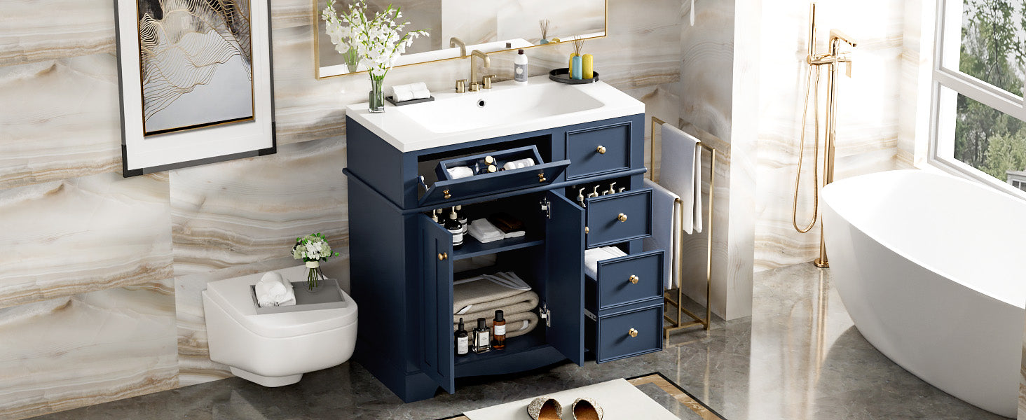 36'' Bathroom Vanity With Resin Sink Combo, Solid Wood Frame Bathroom Storage Cabinet, Freestanding Vanity Set With 3 Drawers& Adjustable Shelf Blue Bathroom Modern Solid Wood Mdf Resin