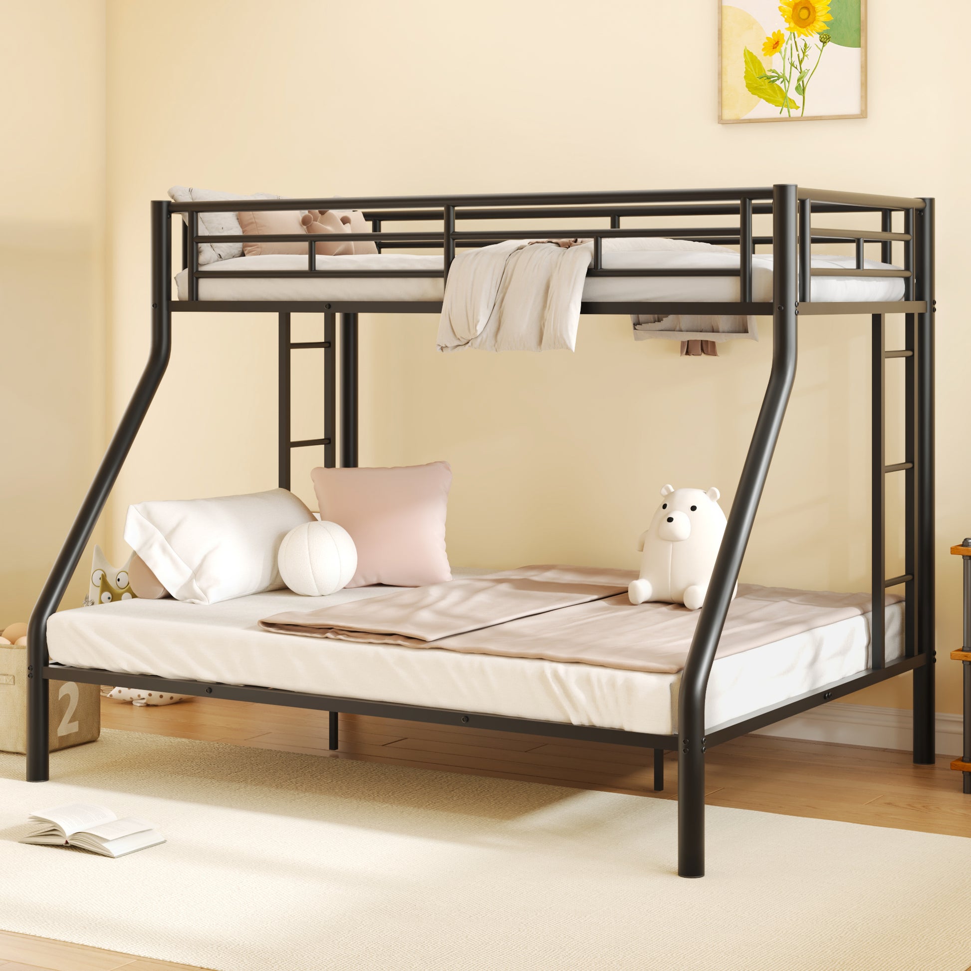 Twin Xl Over Queen Metal Bunk Bed With Ladder And Guardrails, Black Box Spring Not Required Twin Xl Black Metal Metal