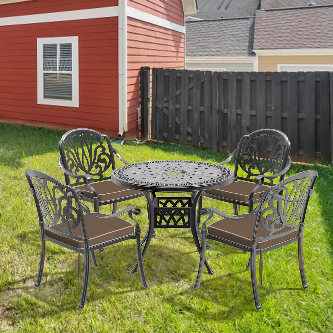 Cushions In Random Colors 5 Piece Set Of Cast Aluminum Patio Furniture With Cushions Yes Dining Set Black Seats 4 Rust Resistant Frame Water Resistant Cushion Garden & Outdoor Complete Patio Sets