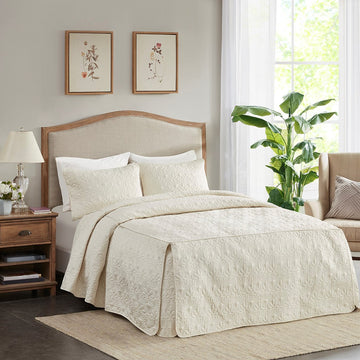 3 Piece Split Corner Pleated Quilted Bedspread Cream Queen Cream Polyester