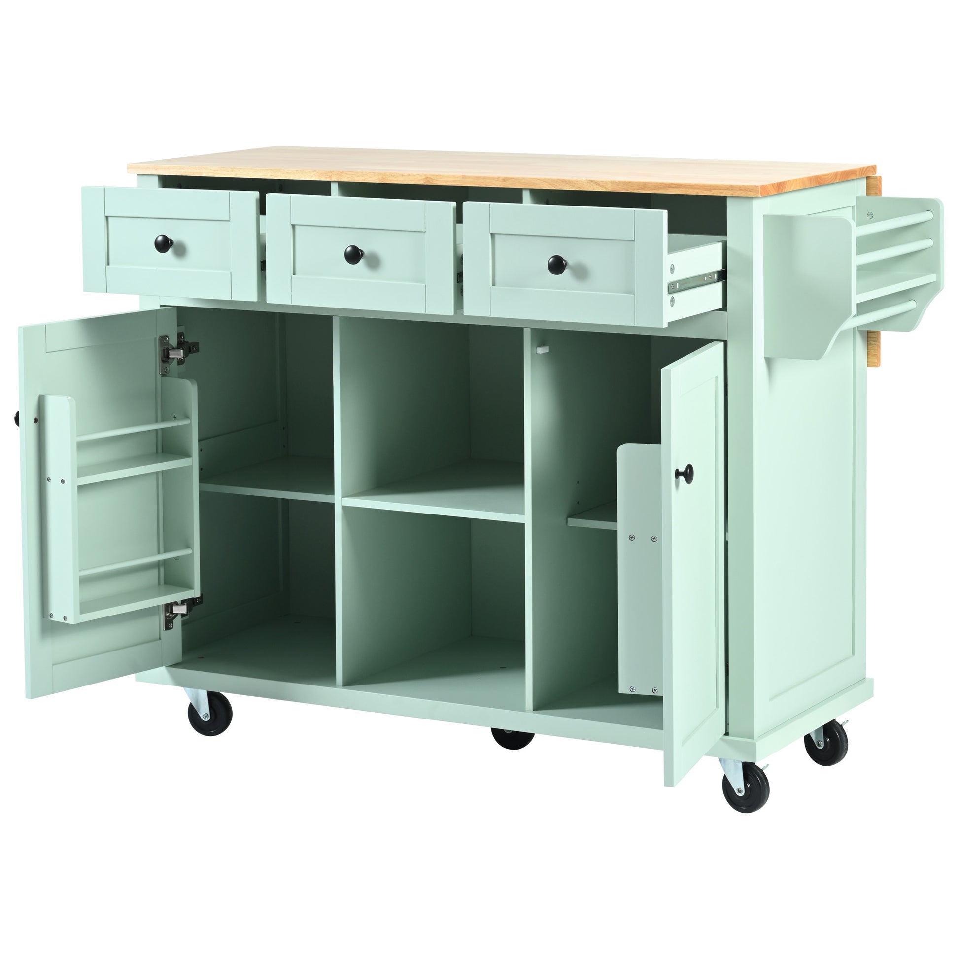 Kitchen Cart With Rubber Wood Drop Leaf Countertop ,Cabinet Door Internal Storage Racks,Kitchen Island On 5 Wheels With Storage Cabinet And 3 Drawers For Dinning Room, Mint Green Mint Green Kitchen American Design,American Traditional,Antique Rectangular