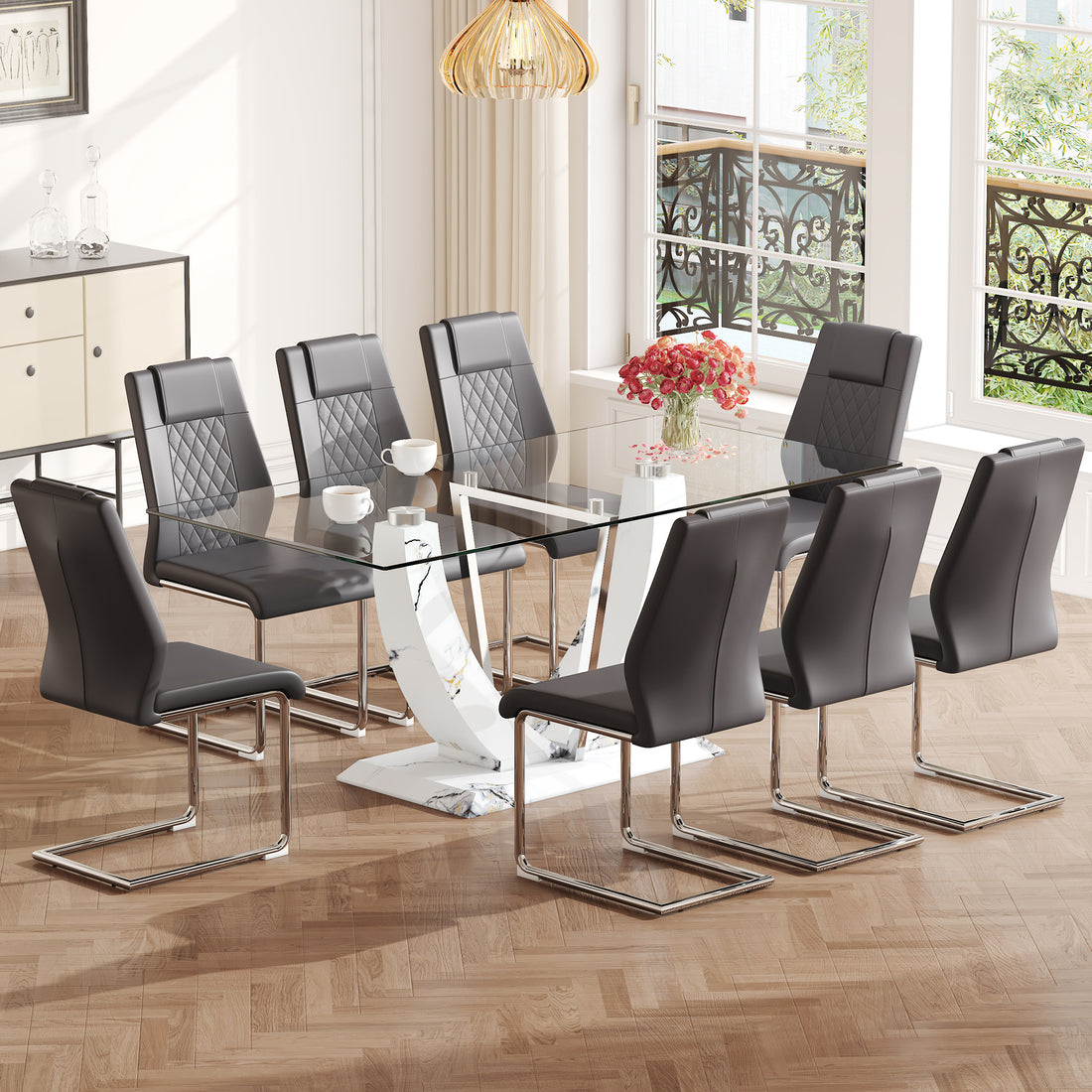 Table And Chair Set, Large Modern Rectangular Glass Table, Can Accommodate 6 8 People, Equipped With A 0.39 Inch Tempered Glass Tabletop And Mdf Table Legs.Paired With Comfortable And Soft Chairs. Gray Mdf Glass