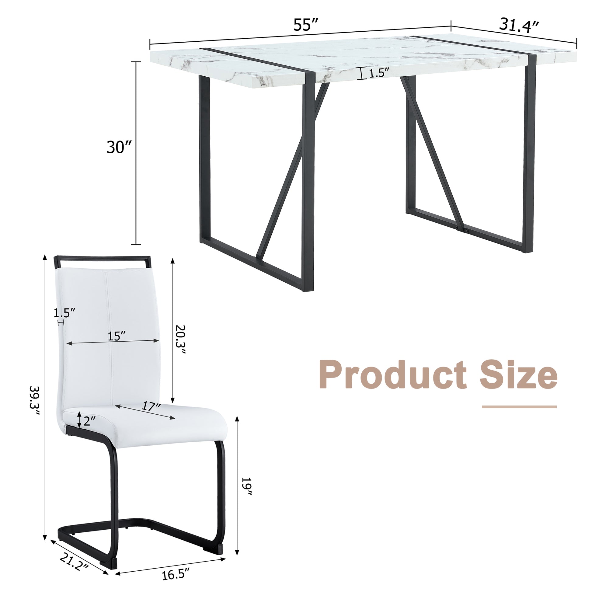 Table And Chair Set.A Modern Minimalist White Marble Veined Mdf Dining Table With Black Metal Frame.Paried With 4 Chairs With White Pu Cushions And C Tube Black Metal Legs. White Seats 4 Mdf Metal