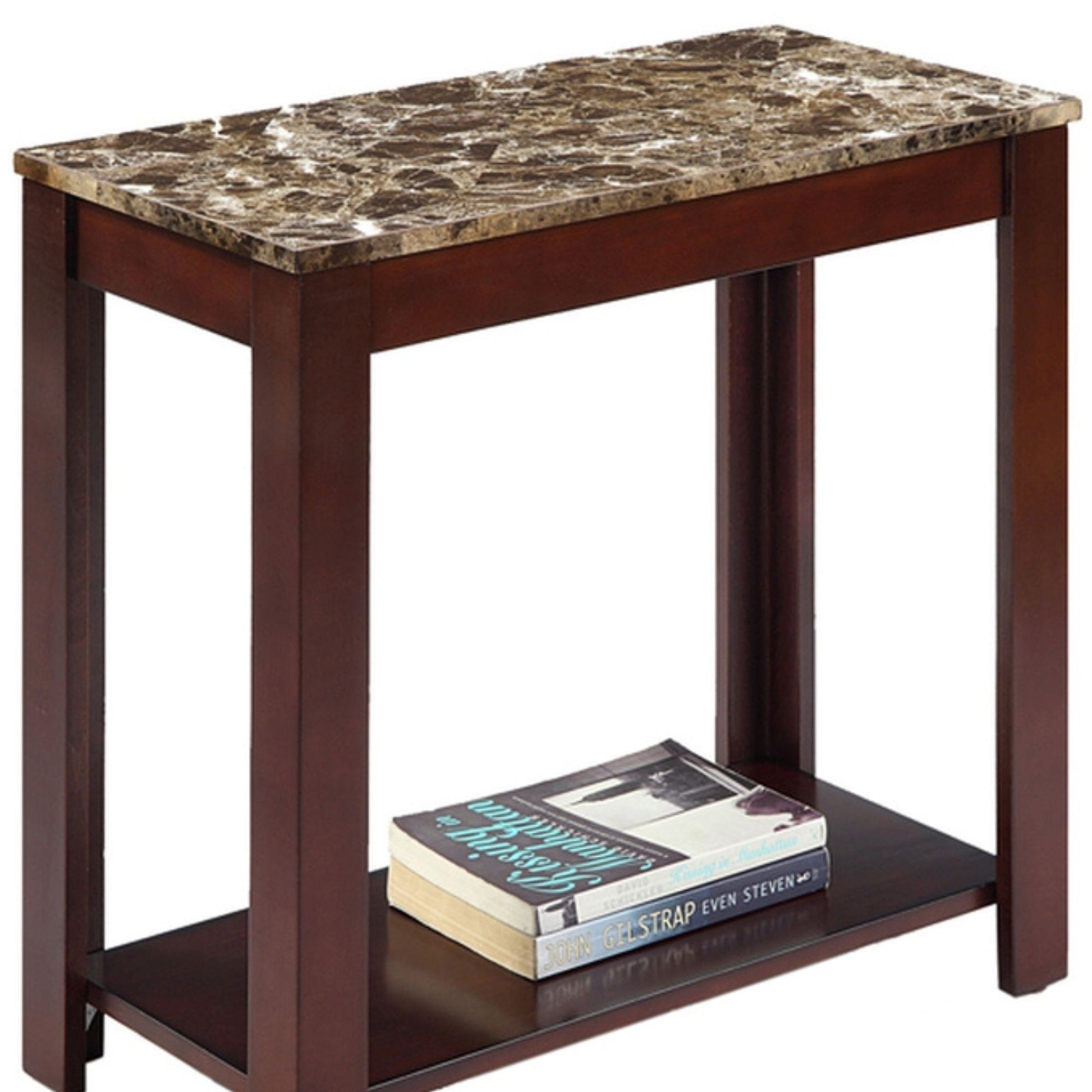 24" Tall Wooden End Table With Dark Cherry Finish And Marble Print Top Multicolor Wood