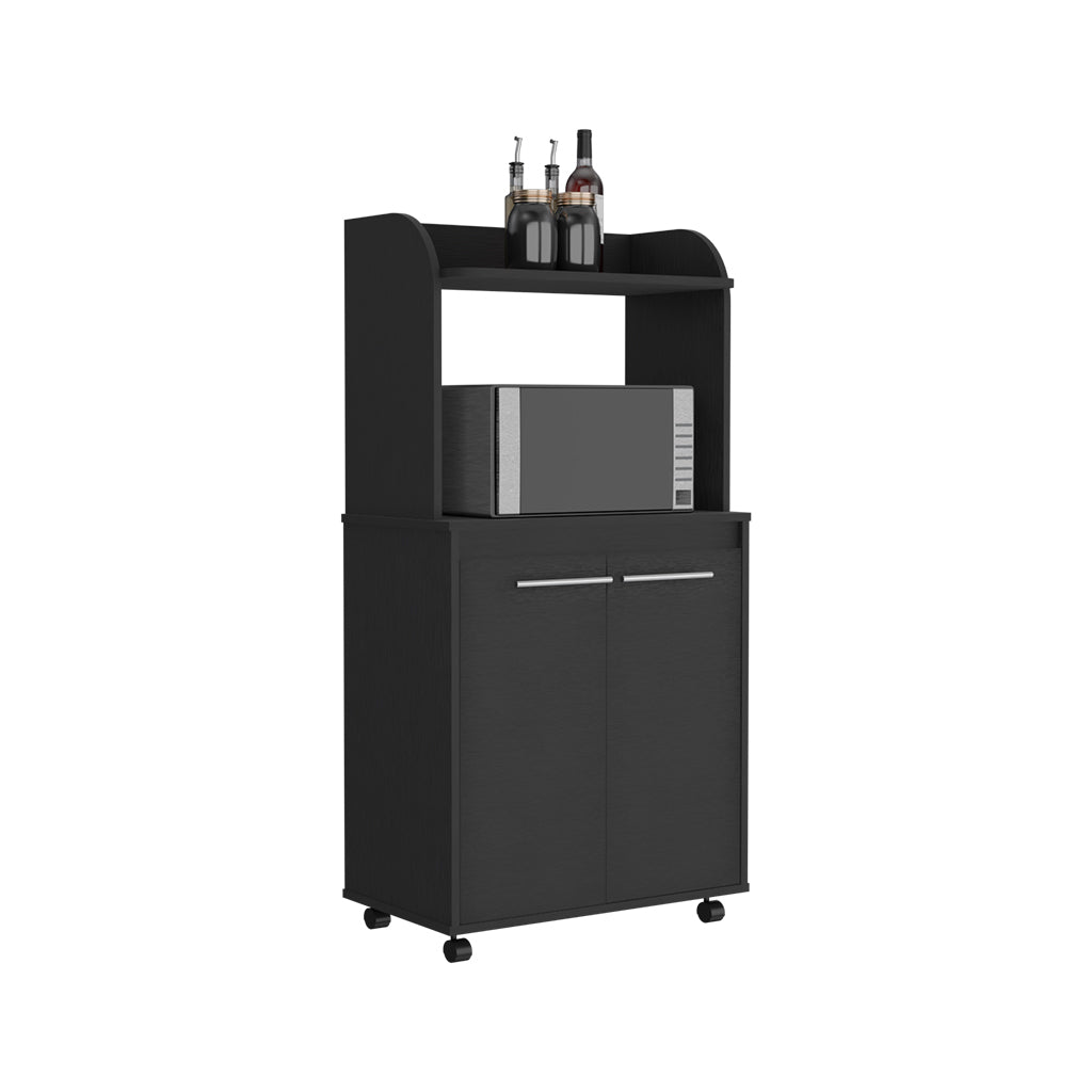 Kitchen Cart 49" H, Two Door Cabinet, One Open Shelf, Two Interior Shelves, Black Black Particle Board Particle Board