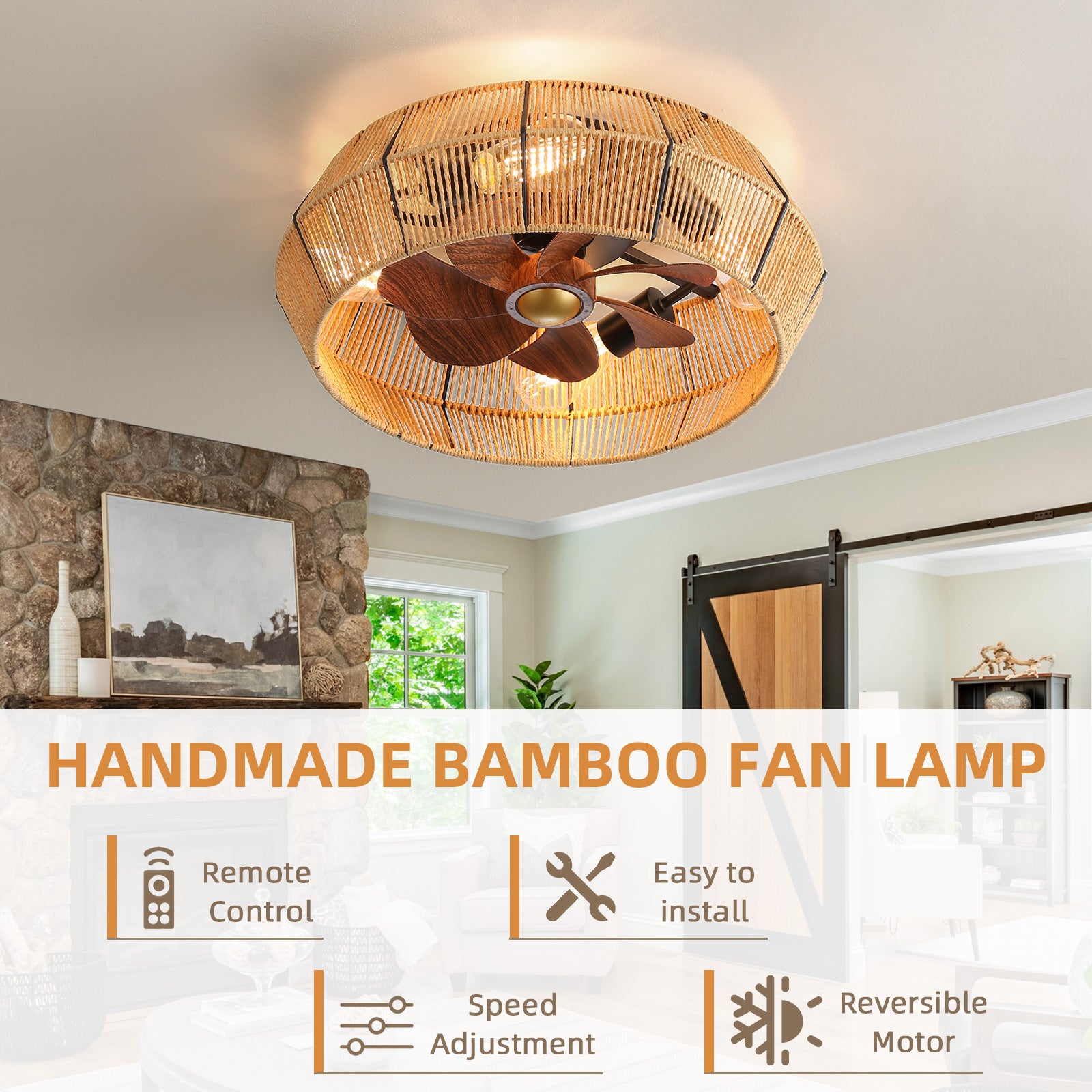 Caged Ceiling Fans With Lights Remote Control For Bedroom, Kitchen, Dining Room Black American Design Paper Rope