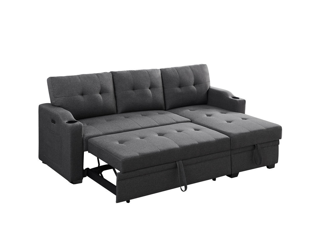 Mabel 83" Dark Gray Linen Fabric Sleeper Sectional With Cupholder, Usb Charging Port And Pocket Dark Gray Linen