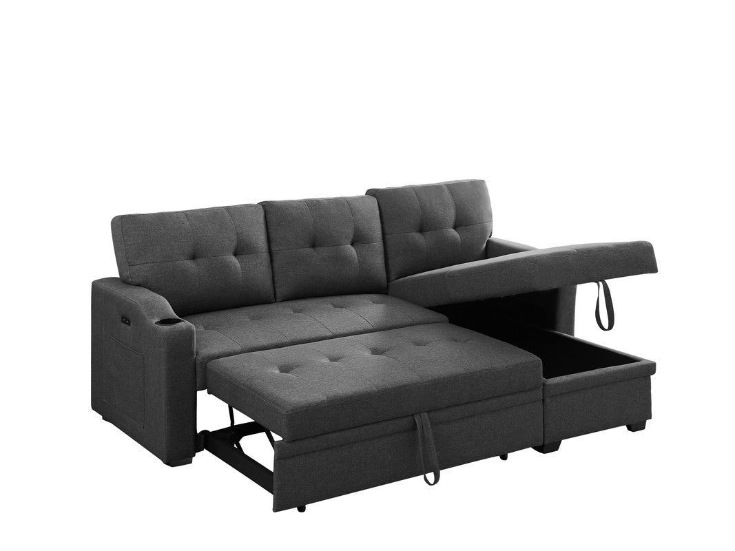 Mabel 83" Dark Gray Linen Fabric Sleeper Sectional With Cupholder, Usb Charging Port And Pocket Dark Gray Linen