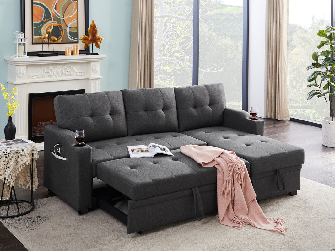 Mabel 83" Dark Gray Linen Fabric Sleeper Sectional With Cupholder, Usb Charging Port And Pocket Dark Gray Linen